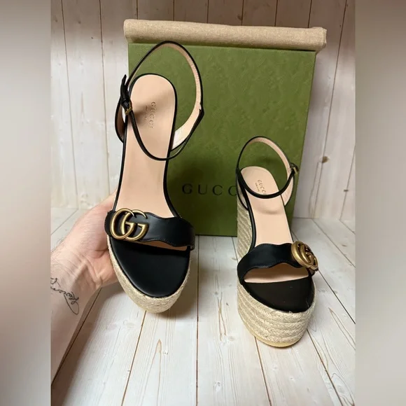 Gucci Nappa Matelasse GG Marmont Platform Espadrille Wedges Black Sz 41.5 / 11.5 - Picture 8 of 11